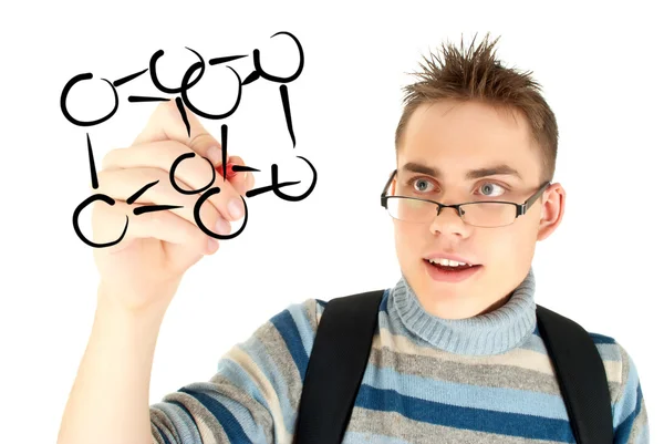 Student writing scientific formula on the whiteboard — Stock Photo, Image