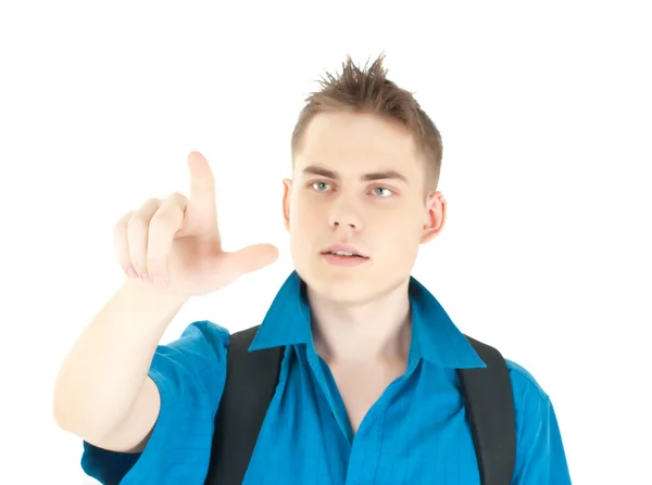 Young male entrepreneur pointing at copyspace — Stock Photo, Image