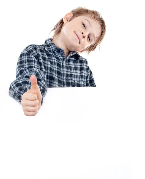 Portrait of a happy small boy holding a blank board — Stock Photo, Image