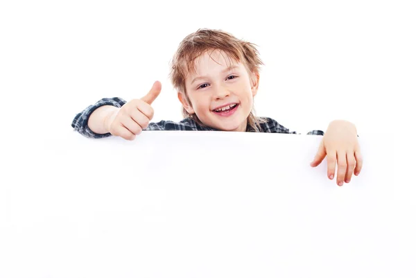 Мальчик с баннером на белом фоне — стоковое фото