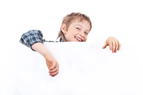 Boy holding a banner isolated on white background — Stock Photo, Image