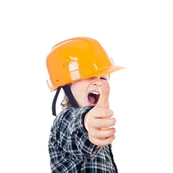 Criança construtor com polegares para cima — Fotografia de Stock