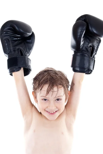행복 한 작은 소년 권투 선수 우승자 — 스톡 사진