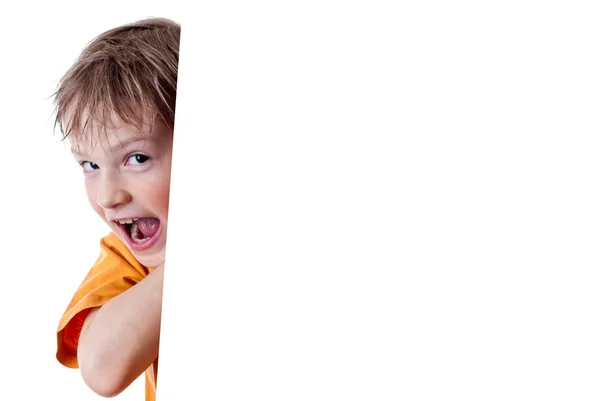 Podobizna šťastné malé chlapce drží prázdné desky — Stock fotografie