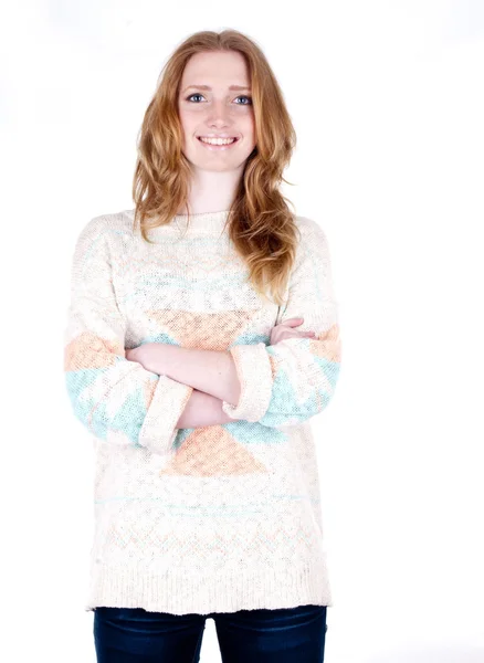 Unga leende glad kvinna porträtt på vit — Stockfoto