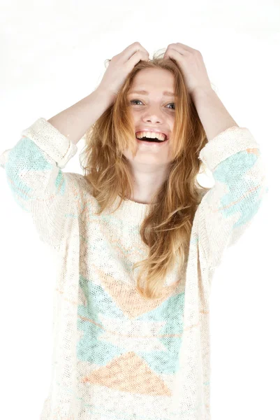 Fiatal mosolygós boldog nő portré, fehér. — Stock Fotó