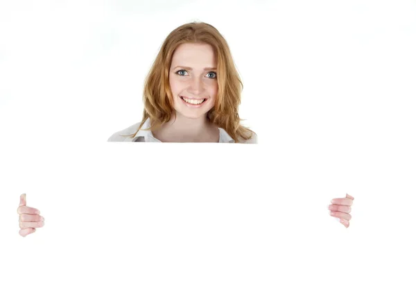 Γυναίκα των επιχειρήσεων εμφανίζει μια προσθήκη πανό — Φωτογραφία Αρχείου