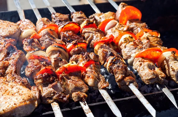 As partes suculentas de carne com o molho preparam-se no fogo (prato de carne shish). — Fotografia de Stock