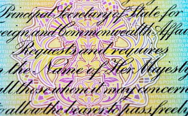 Fragment of text in old British passport — Stock Photo, Image