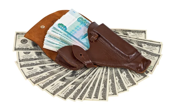 Dinheiro no coldre de couro marrom — Fotografia de Stock