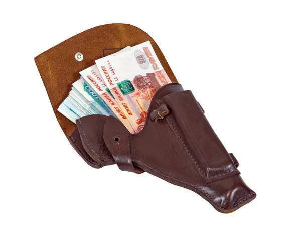 Money in the brown leather holster — Stock Photo, Image