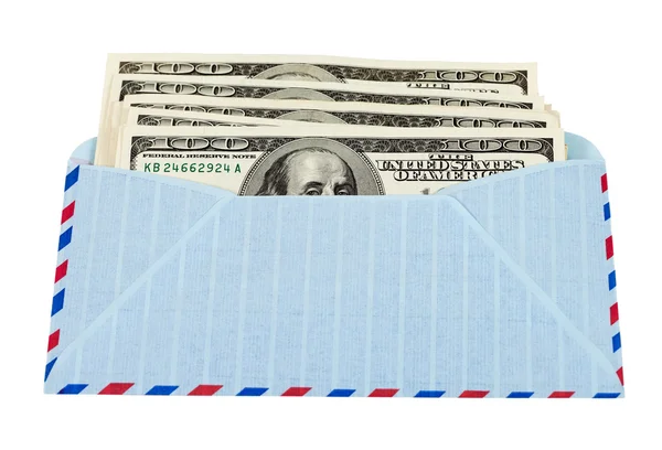US-Dollar im Luftpostumschlag isoliert auf weißem Hintergrund. — Stockfoto