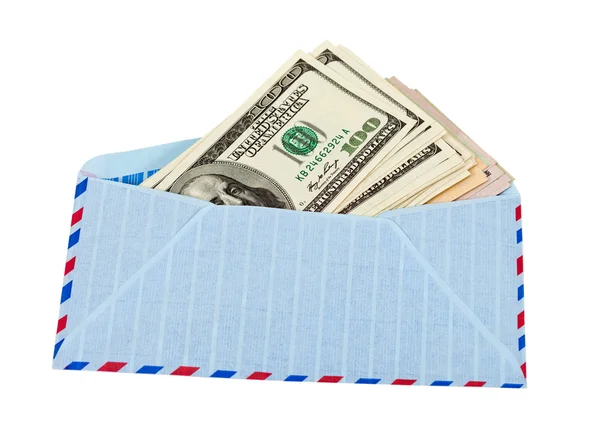 stock image US dollars in airmail envelope isolated on white background.