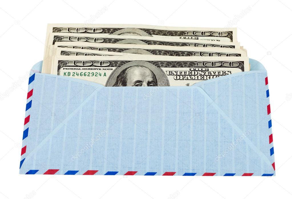 US dollars in airmail envelope isolated on white background.