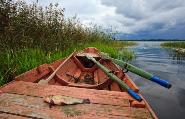 Summer's lake scenery with wooden boat and fish before the storm clipart