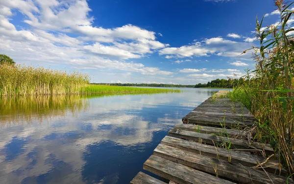 Summer's lake landschap met een houten brug — Stockfoto
