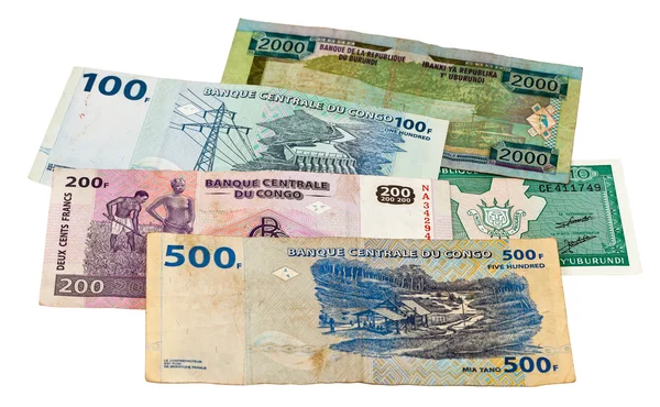 stock image Banknotes of the Congo and Burundi isolated on white background