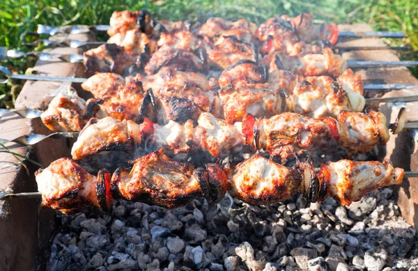 Shish kebab on the improvised oven made of brick — Stock Photo, Image