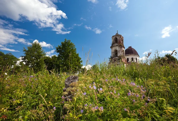 Paisaje de verano con iglesia desierta en la región de Novgorod, Rusia — Foto de Stock