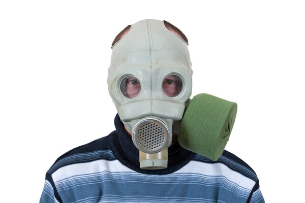 Man in gas mask isolated on white background
