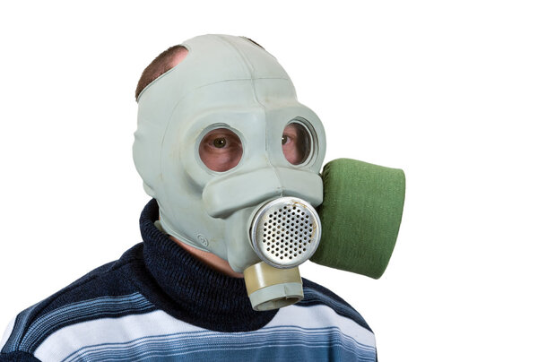 Man in gas mask isolated on white background