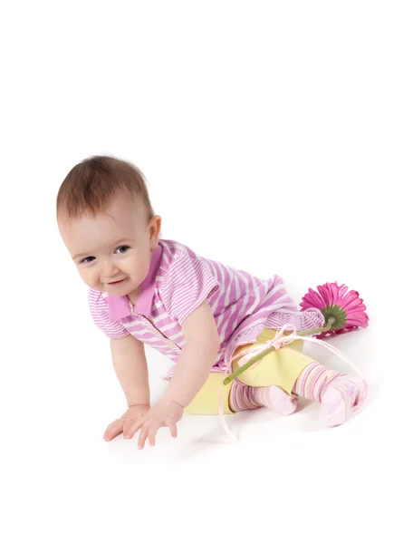 Niedliches kleines Mädchen in rosa mit Gerbera — Stockfoto