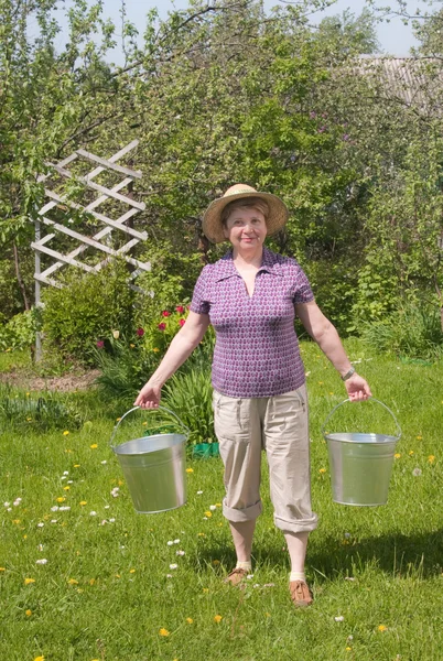 A mulher rural com um balde nas mãos — Fotografia de Stock