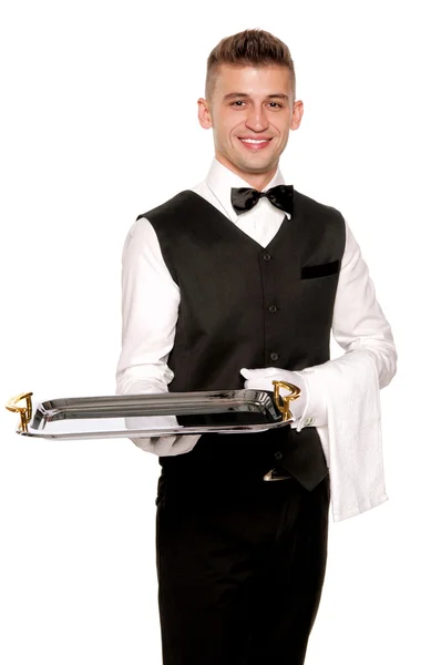 Молодий хлопчик офіціант з підносом — стокове фото