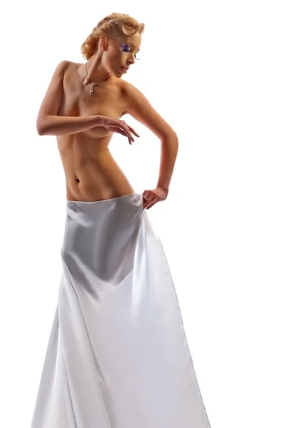 Naked beautiful woman in a sheet — Stock Photo, Image