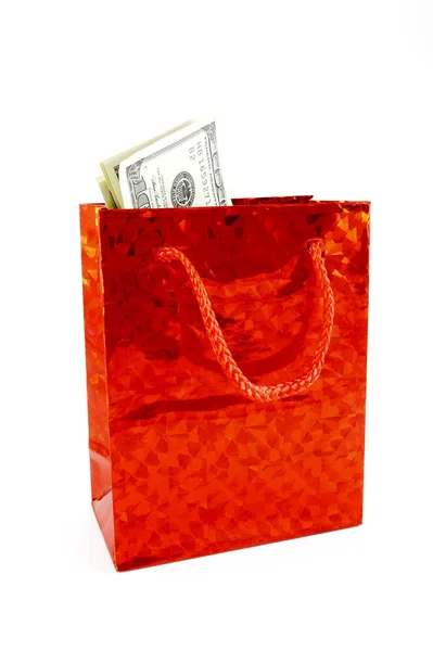 Dollars in a red bag — Stock Photo, Image