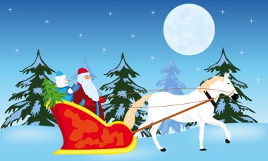 Santa claus goes to sled on white clipart