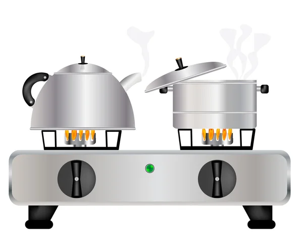 Teapot and saucepan on gas lash — Stock Vector