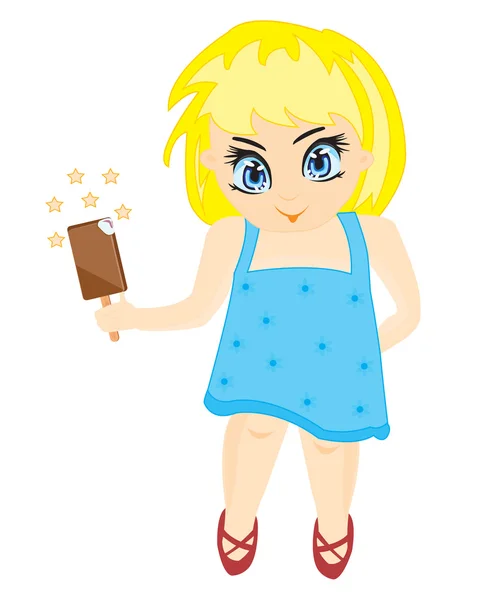 小女孩用一根棍子上的冰淇淋 — 图库矢量图片