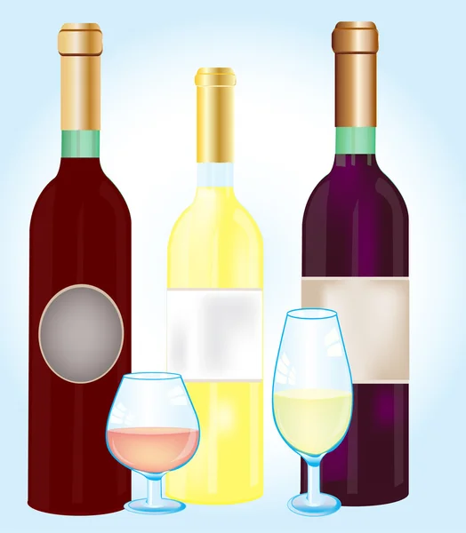 Tři láhve vinu a pohárů — Stockový vektor