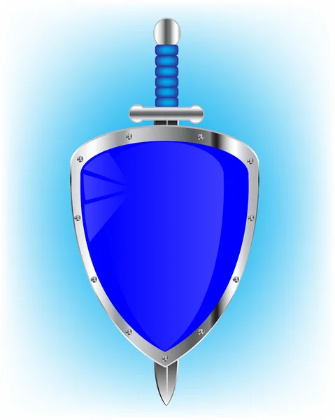Escudo e arma em volta fundo azul — Vetor de Stock