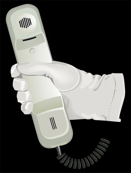 La mano guante blanco mantener el teléfono — Vector de stock