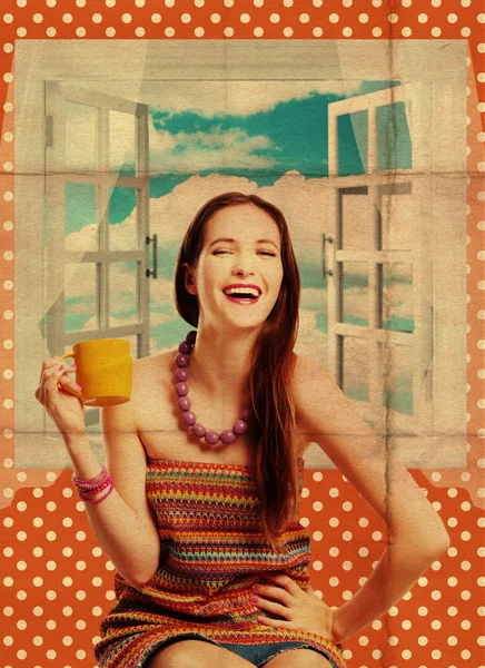 Skönhet ung kvinna med gula cup — Stockfoto