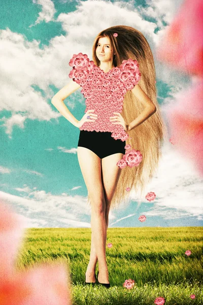 Kunst collage met mooie vrouw in tulpen — Stockfoto