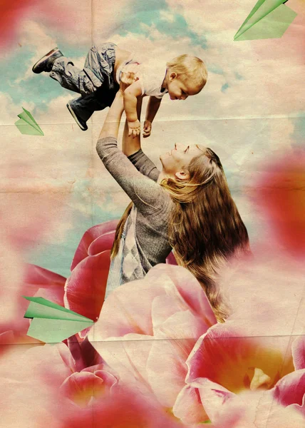 Kunst collage met moeder en zoon — Stockfoto