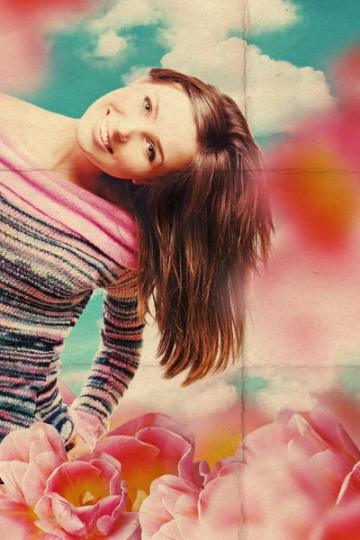 チューリップで美しい女性と芸術のコラージュ — ストック写真