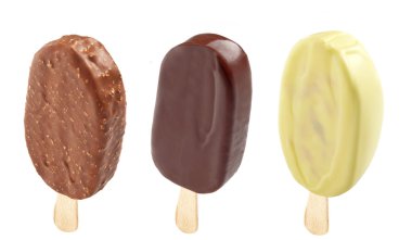 Three different Ice creams covered with chocolate