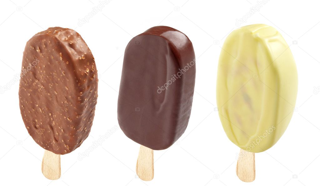 Three different Ice creams covered with chocolate
