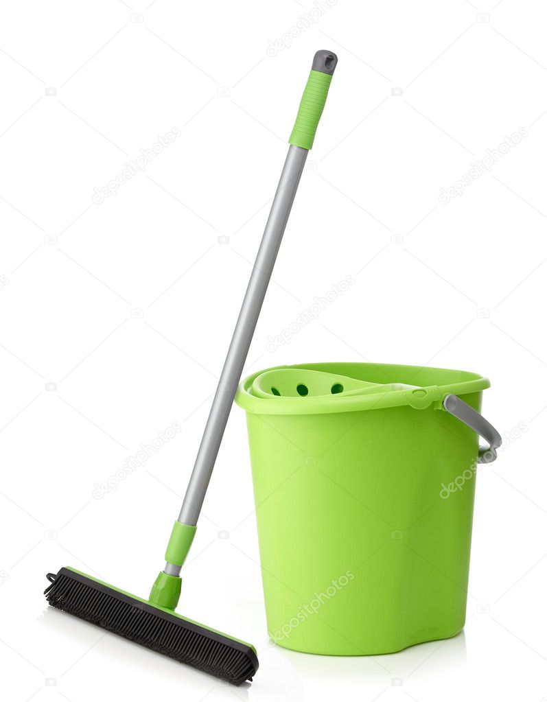 Green bucket and mop