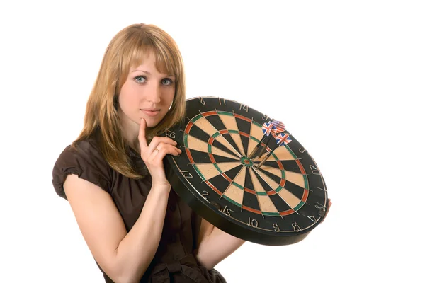 Woman with dart target over white — Stock Photo, Image