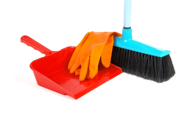 Scoop for dust rubber gloves and brush isolated — Stock Photo, Image