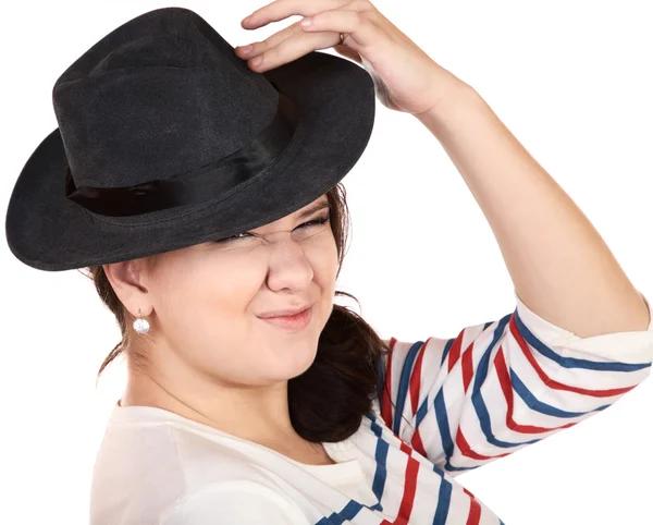La chica del ponche en el sombrero se arruga descontento la nariz — Foto de Stock