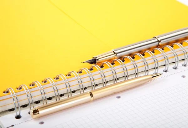 Esferográfica e caneta-tinteiro escrevendo-livro em espiral — Fotografia de Stock