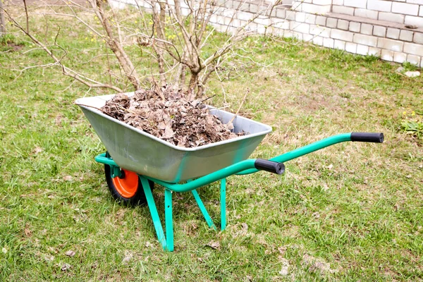 Hand cart filled with dry leaves in the spring — Stock Photo, Image