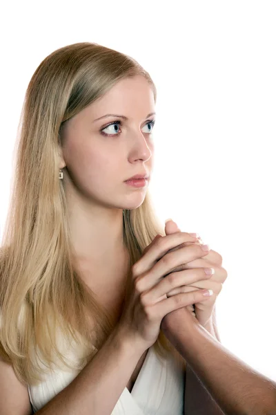 The girl holds two hands a man's hand on white — Stock Photo, Image