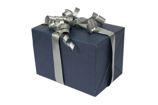 Blue Gift Box with gray Satin Ribbon Bow — Stock Photo, Image